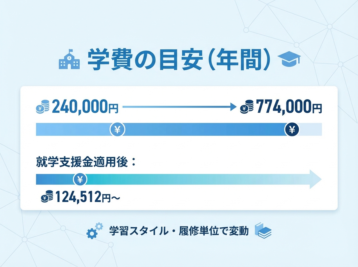 年間学費240,000円〜774,000円と、就学支援金適用後124,512円〜のレンジを棒グラフ風に比較した図