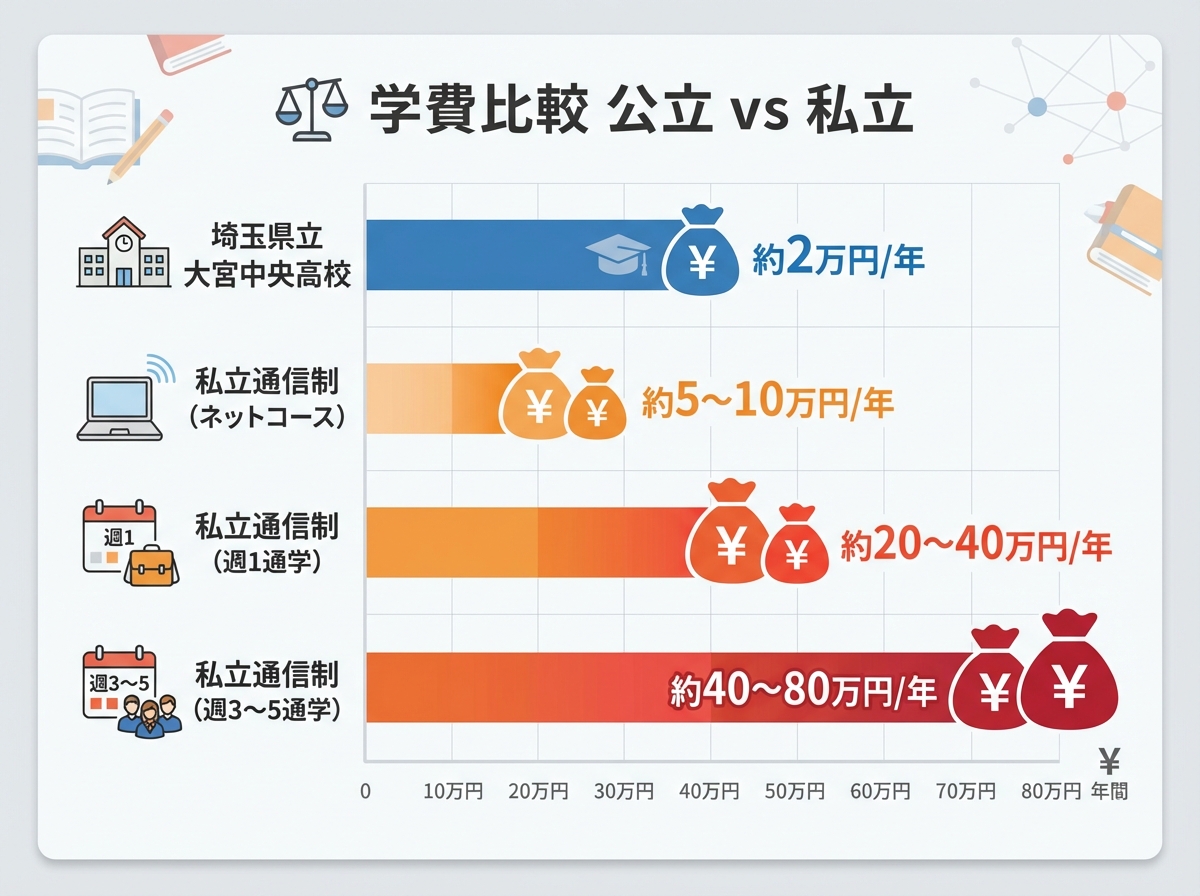  公立通信制高校と私立通信制高校の年間学費を比較したインフォグラフィック。埼玉県立大宮中央高校は約2万円、私立通信制はネットコース5〜10万円、週1通学20〜40万円、週3〜5通学40〜80万円と棒グラフで視覚的に比較。