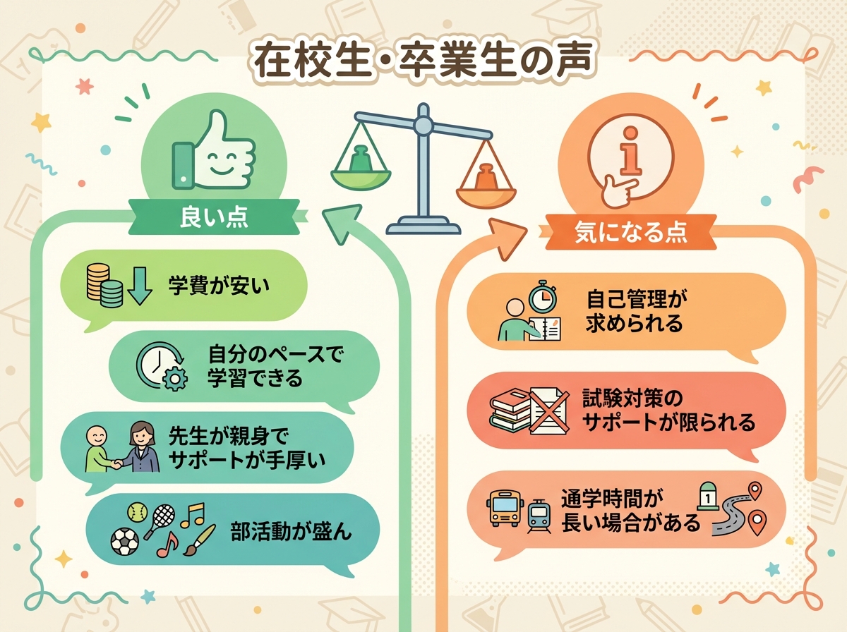 在校生・卒業生の声を比較。良い点(学費が安い、自分のペース、親身な先生、部活参加)と気になる点(自己管理、受験サポート、通学距離)を図解