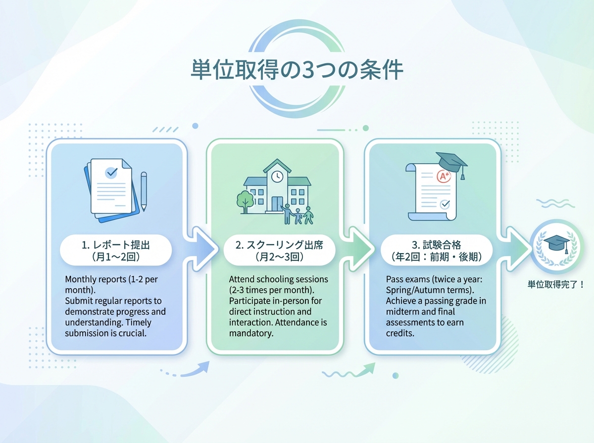 長崎県立佐世保中央高等学校通信制の単位取得に必要な3つの条件を示すインフォグラフィック。レポート提出・スクーリング出席・試験合格のプロセスを図解