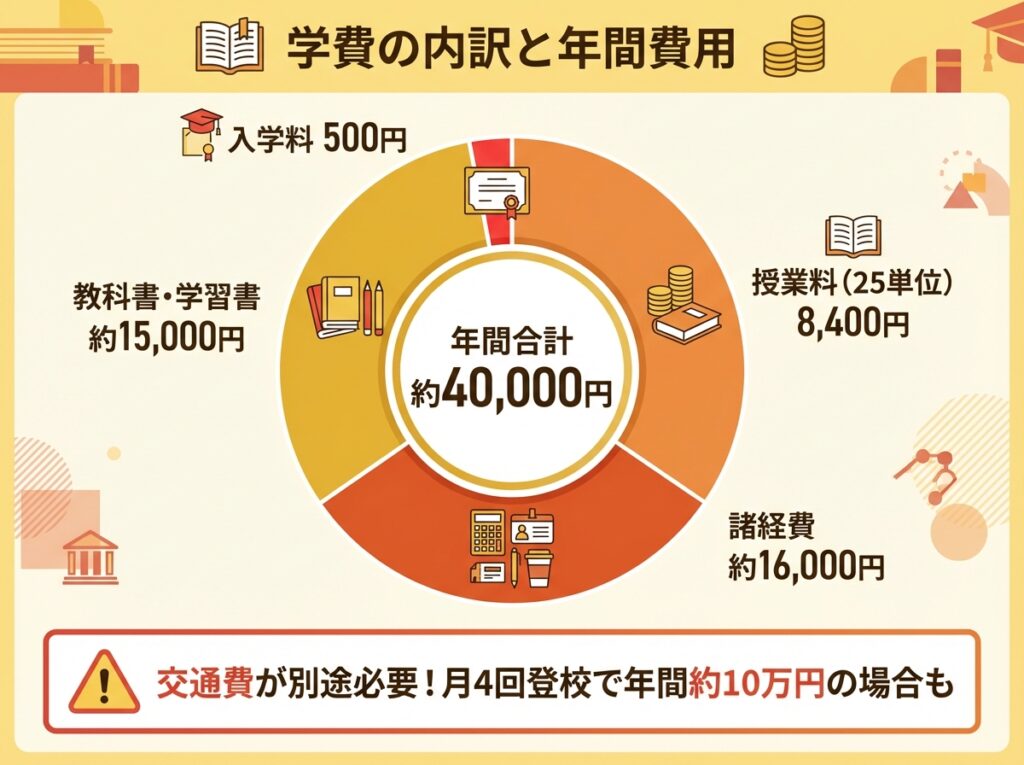 愛知県立刈谷東高校通信制課程の学費内訳を示す円グラフ。入学料500円、授業料8,400円、教科書代約15,000円、諸経費約16,000円で年間合計約40,000円。交通費が別途必要な注意喚起も含む。
