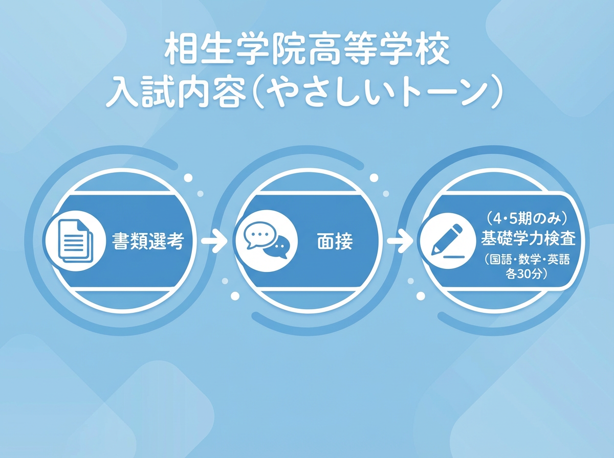 相生学院高等学校の入試の流れを「書類選考」「面接」「（4・5期のみ）基礎学力検査（国語・数学・英語 各30分）」の順で図解