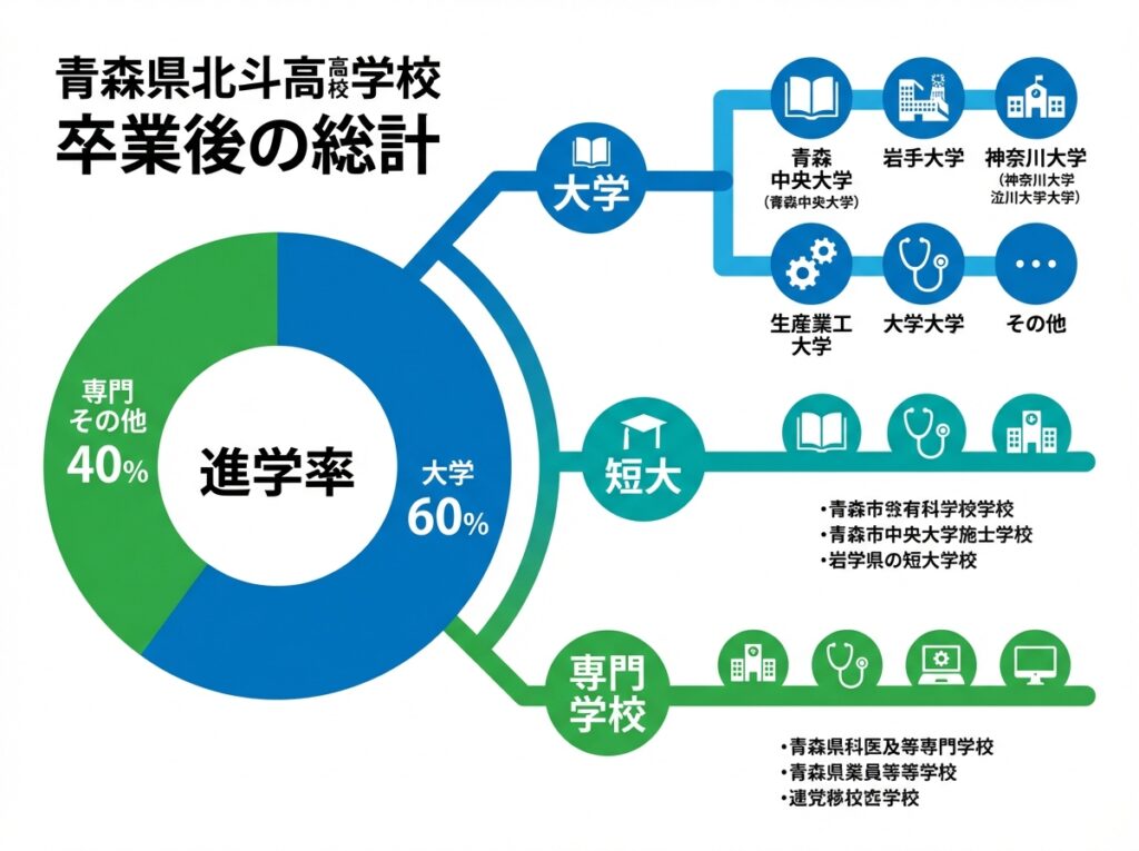 alt文: 青森県立北斗高等学校の卒業条件インフォグラフィック。74単位以上、3年以上在籍、特別活動の参加をロードマップとチェックリストで表示

