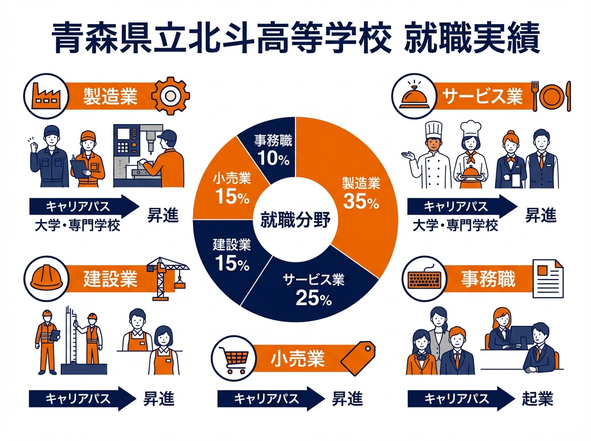 alt文: 青森県立北斗高等学校の進学実績インフォグラフィック。大学、短大、専門学校への進路、青森中央大学、岩手大学、神奈川大学などの進学先を円グラフとアイコンで表示

