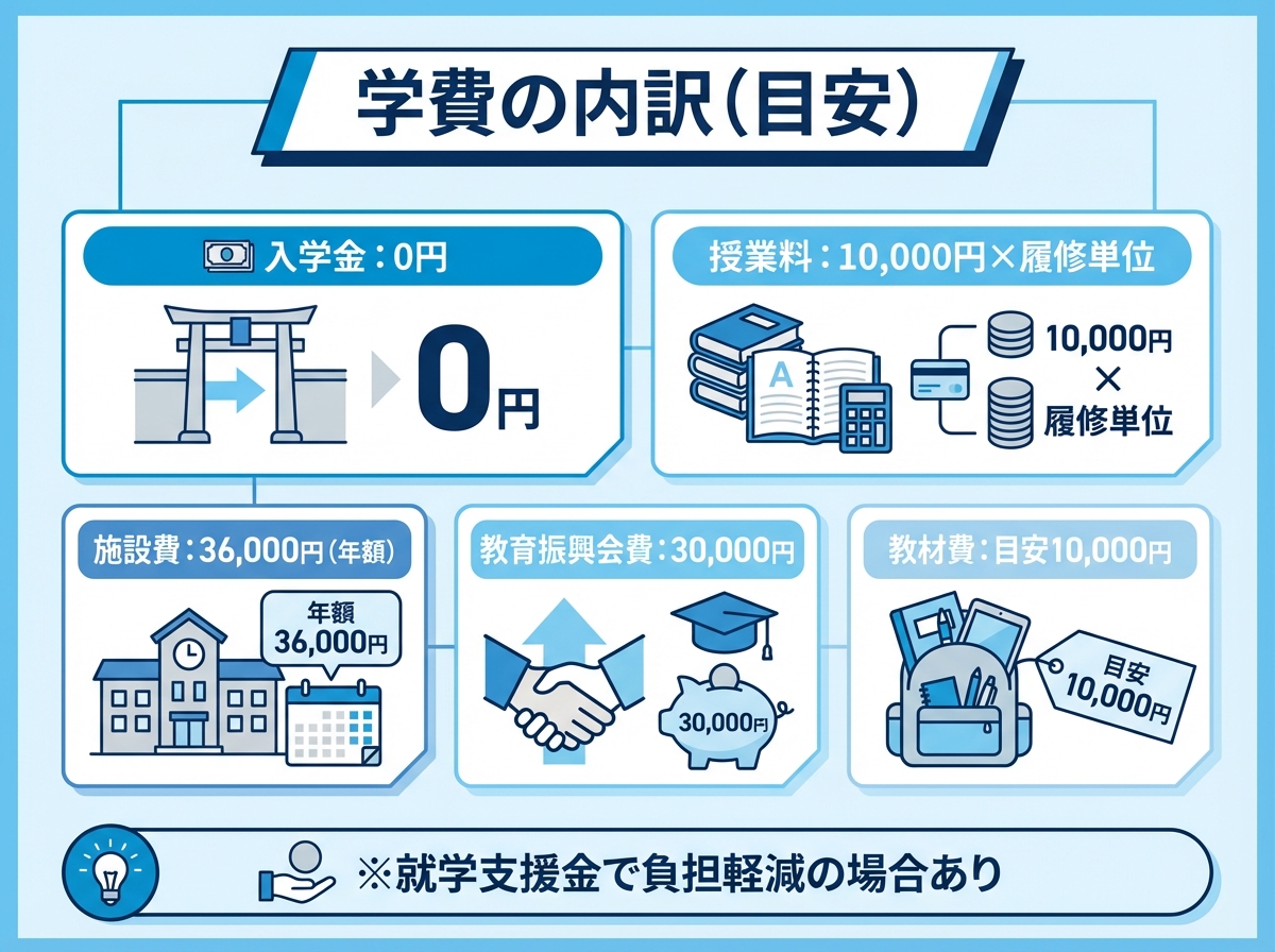 入学金0円、授業料は単位×1万円、施設費や会費・教材費などの内訳をボックスで整理した青系フラットデザイン図