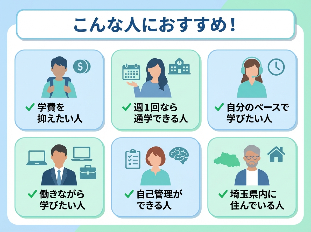 埼玉県立大宮中央高等学校が向いている人を6つのタイプで示すインフォグラフィック。学費を抑えたい人、週1回通学できる人、自分のペースで学びたい人など、人物アイコンとチェックマークで親しみやすく表現されている。