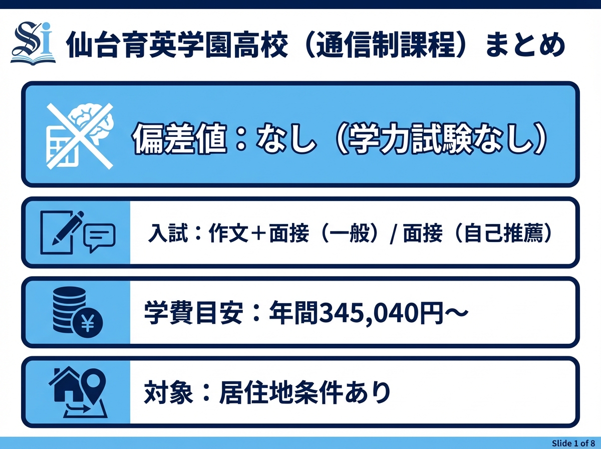 仙台育英学園高校の通信制課程の概要を青基調でまとめたインフォグラフィック。偏差値はなく学力試験なし、入試は作文・面接、学費目安と居住地条件があることを示す。