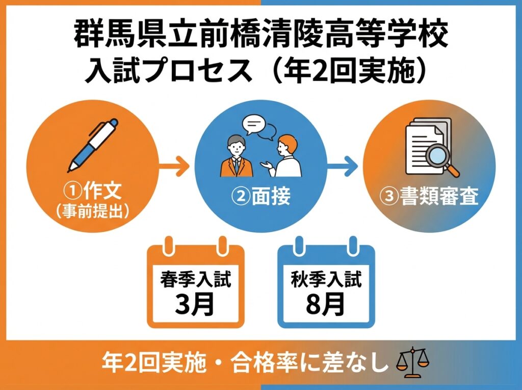 群馬県立前橋清陵高等学校の入試内容を3ステップで図解。①作文(事前提出)②面接③書類審査。春季入試3月・秋季入試8月の年2回実施、合格率に時期による差なし。