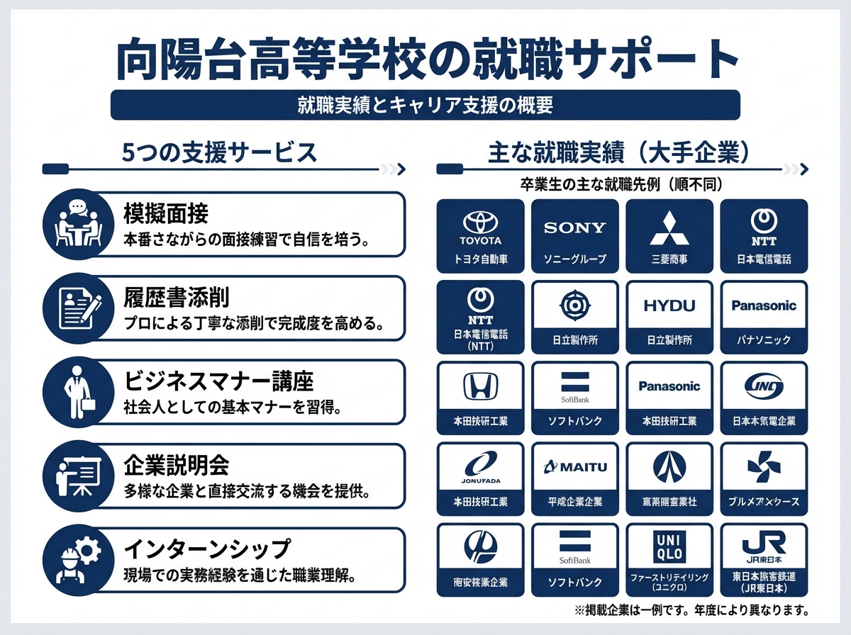 向陽台高等学校の就職サポートを説明するインフォグラフィック。模擬面接、履歴書添削、ビジネスマナー講座、企業説明会、インターンシップの5つの支援と就職実績を図解