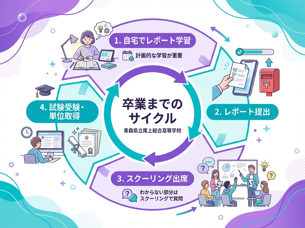 青森県立尾上総合高等学校通信制の学習サイクルを示す循環図。自宅でのレポート学習、レポート提出、スクーリング出席、試験受験・単位取得という4つのステップが卒業までのサイクルを形成。計画的な学習の重要性とわからない部分はスクーリングで質問できることを強調。
