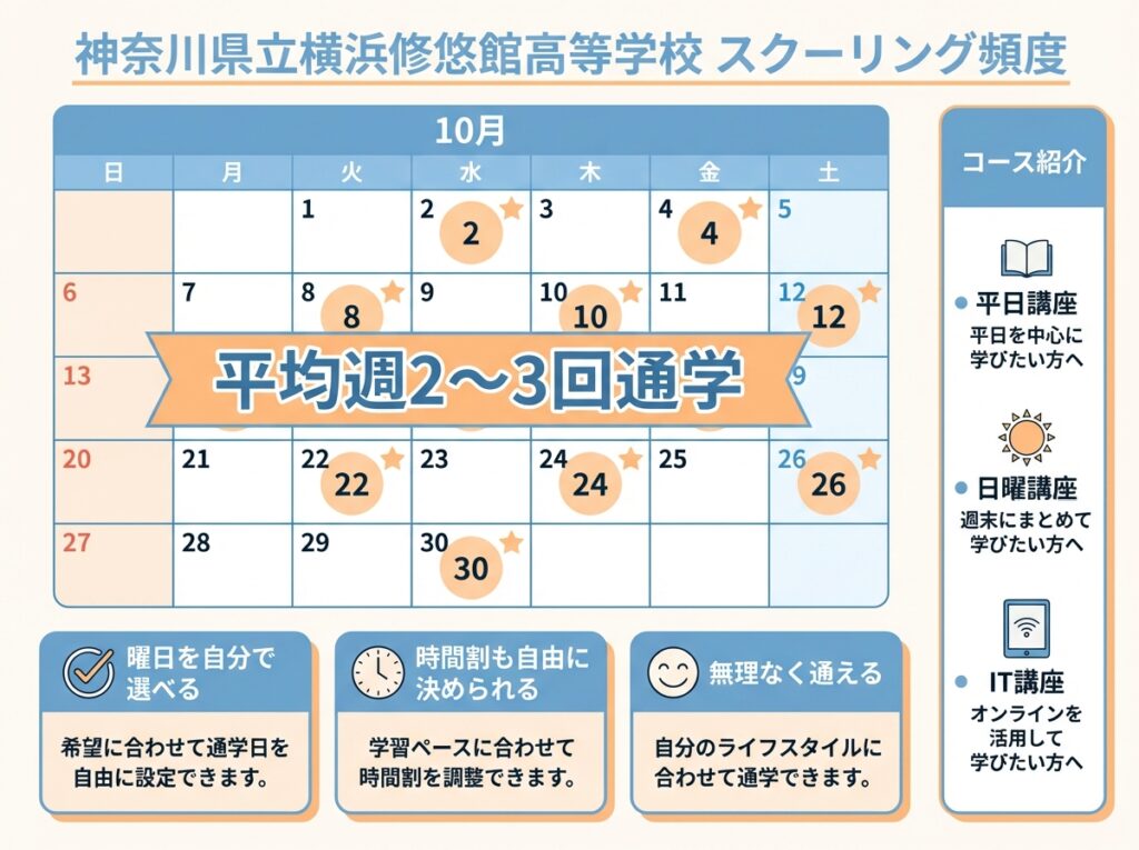 神奈川県立横浜修悠館高等学校のスクーリング頻度を示すインフォグラフィック。平均週2〜3回通学で、曜日を自分で選べる、時間割も自由に決められる、無理なく通えるというメリットを紹介
