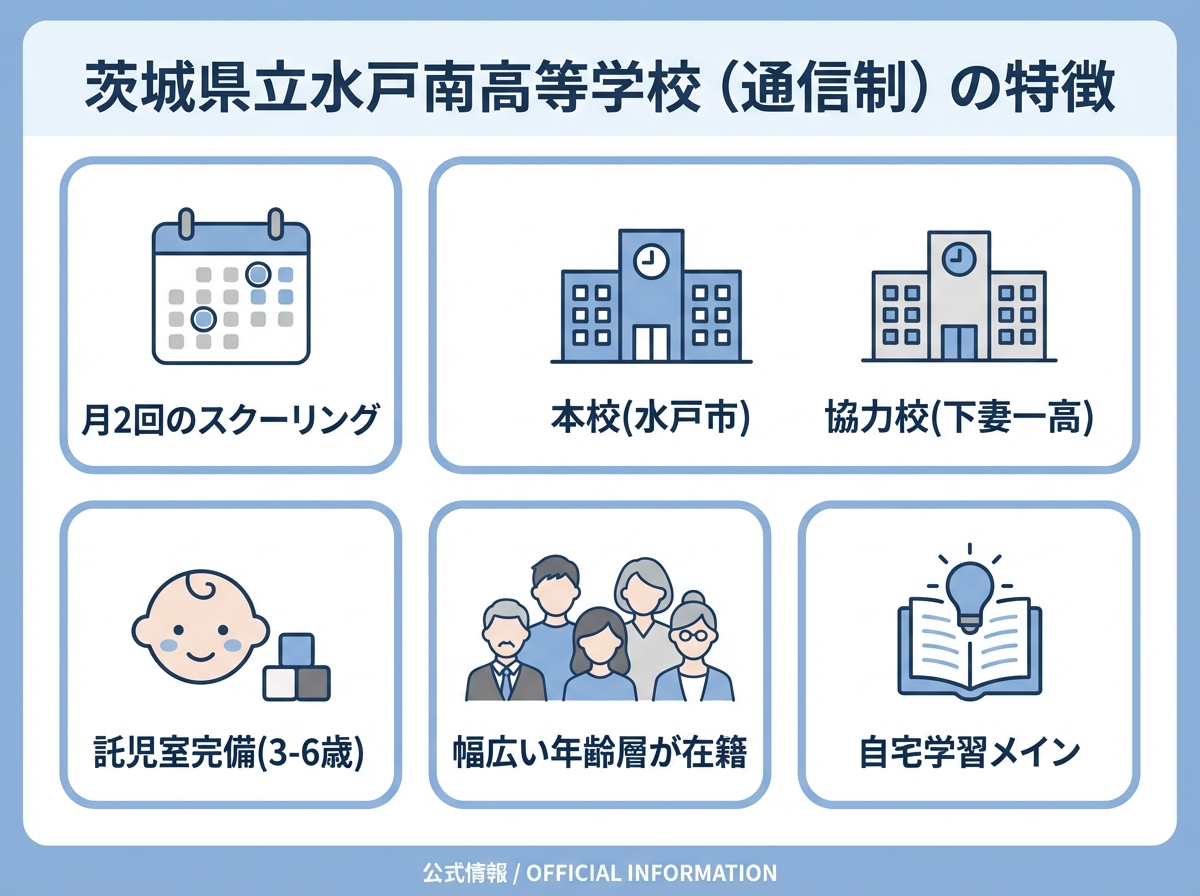 茨城県立水戸南高等学校（通信制）の特徴を示すインフォグラフィック。月2回のスクーリング、本校（水戸市）と協力校（下妻一高）の2か所で受講可能、託児室完備（3-6歳）、幅広い年齢層が在籍、自宅学習メインの5つの特徴を表示

