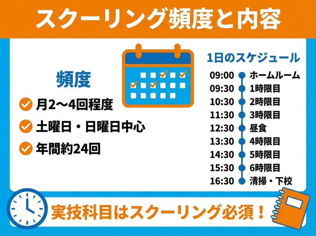 新潟県立新潟翠江高等学校のスクーリング頻度と1日のスケジュールを示すインフォグラフィック。月2〜4回、土日中心、年間約24回。09:00から16:30までの時間割を詳細に記載。実技科目はスクーリング必須であることを強調。