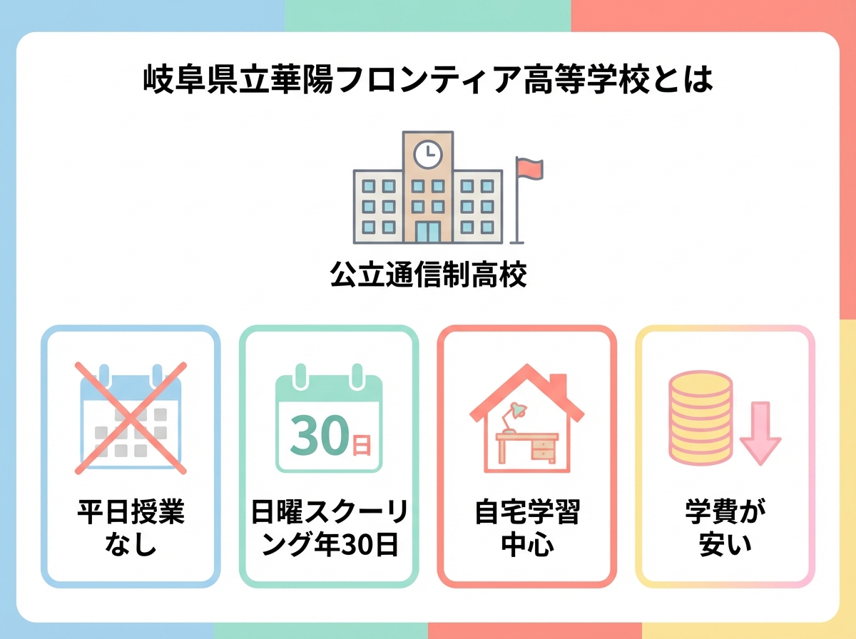 岐阜県立華陽フロンティア高等学校の概要を示すインフォグラフィック。公立通信制高校の特徴として、平日授業なし、日曜スクーリング年30日、自宅学習中心、学費が安いという4つのポイントがアイコンとともに表示されている