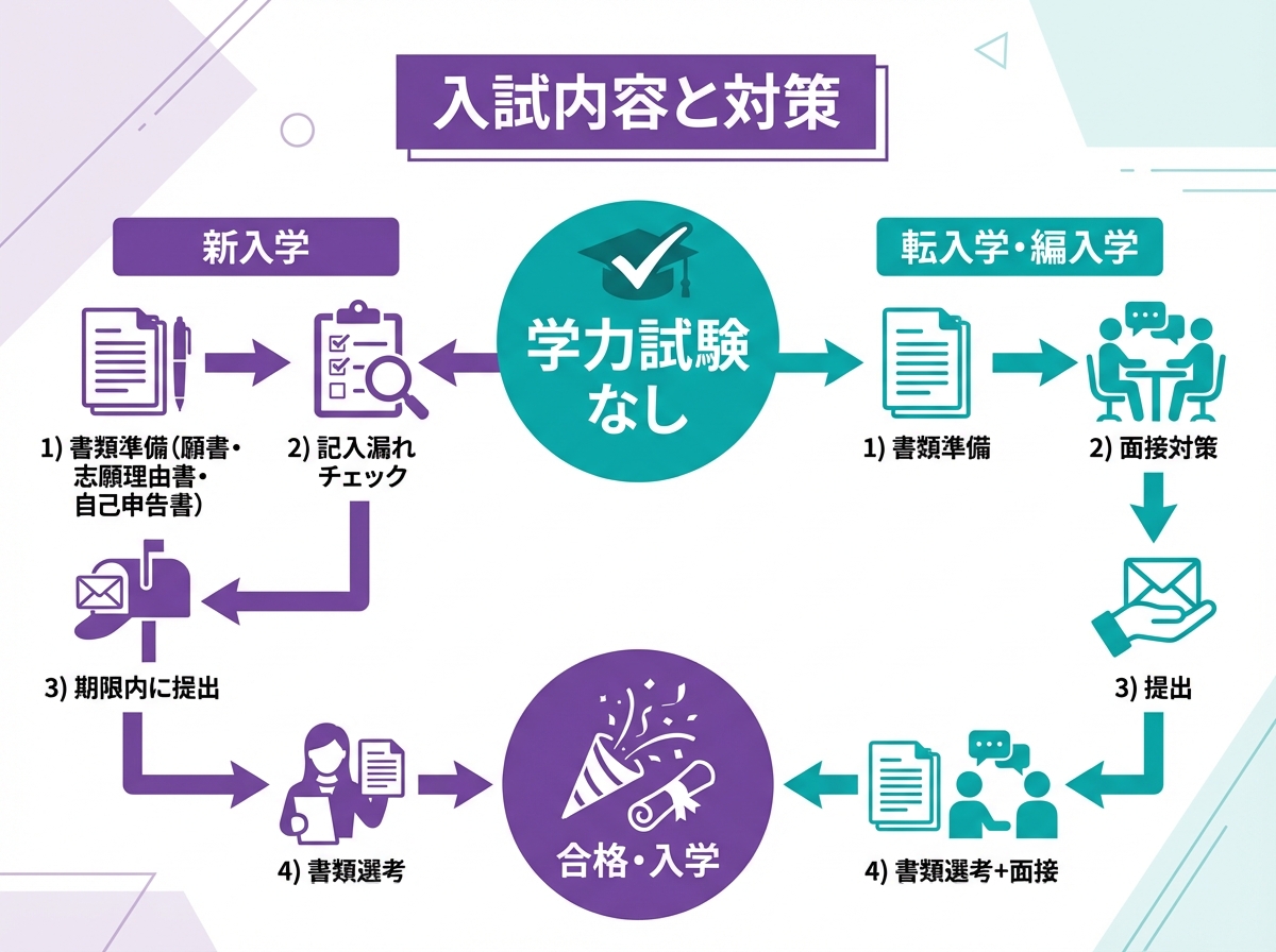 茨城県立水戸南高等学校の入試内容と対策フローチャート。新入学ルート（書類準備→記入漏れチェック→期限内提出→書類選考）と転入学・編入学ルート（書類準備→面接対策→提出→書類選考+面接）の2つの入試経路を図解。学力試験なしを強調