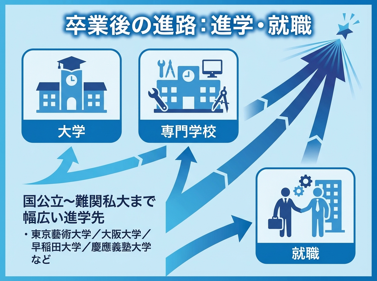 立志舎高等学校の卒業後進路を「大学・専門学校・就職」で示し、進学先が国公立から難関私大まで幅広いことをアイコンと経路図で表現した図
