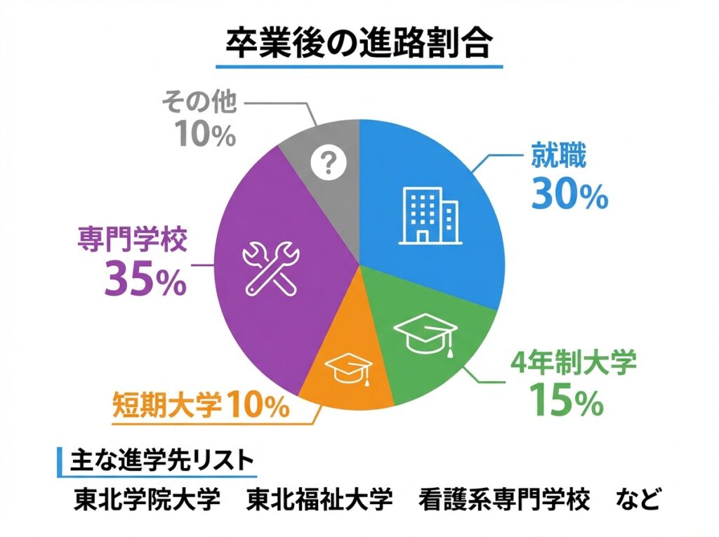 宮城県美田園高等学校の卒業後進路割合を示す円グラフ。専門学校35%、就職30%、4年制大学15%、短期大学10%、その他10%。主な進学先に東北学院大学、東北福祉大学などを記載