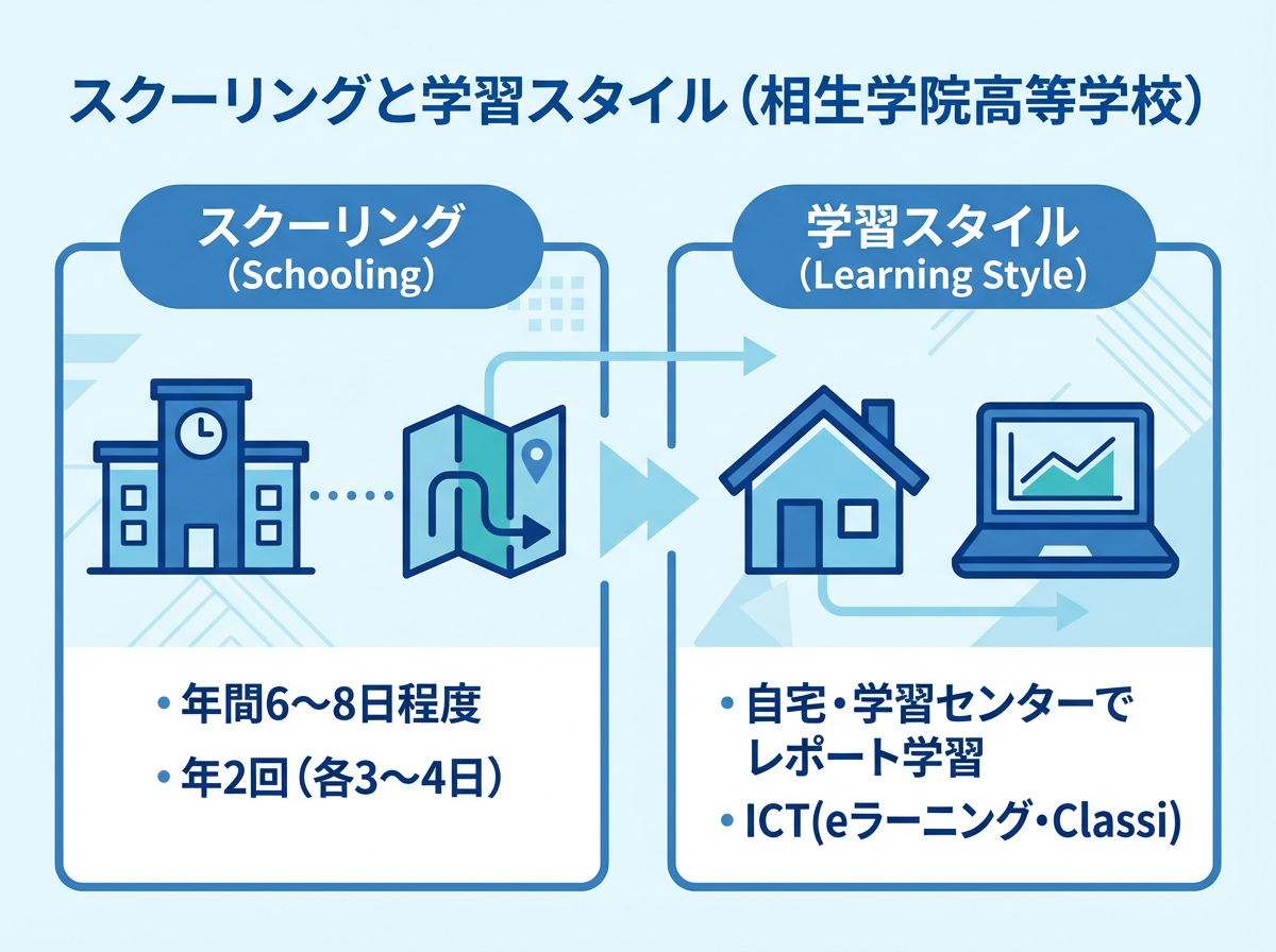相生学院高等学校の「高等学校等就学支援金」を、授業料から支援へ矢印でつなぎ「実質負担が軽くなる」イメージとして図解（世帯状況で異なる旨の注意付き）