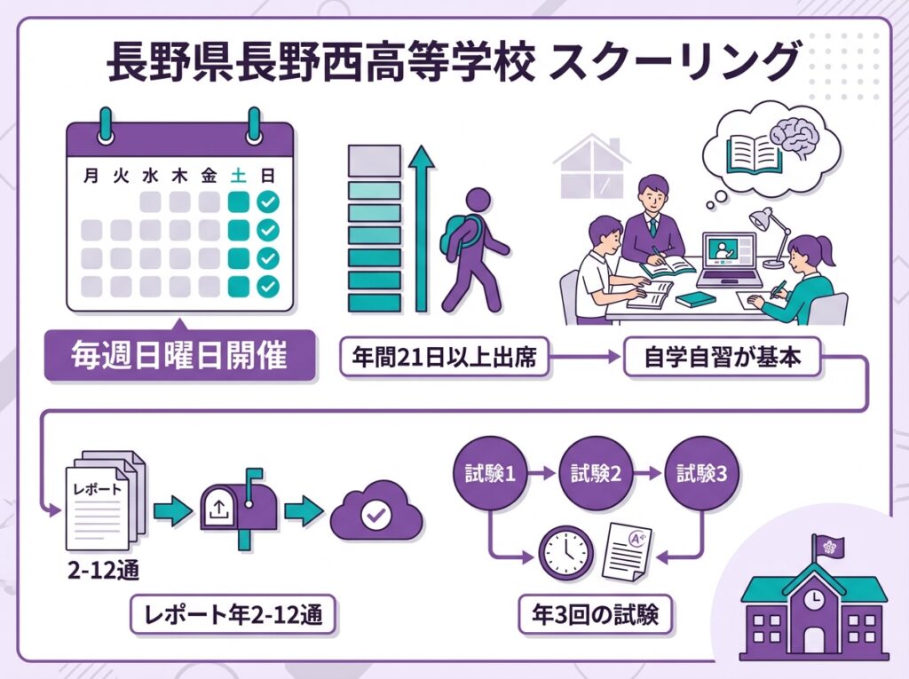 長野県長野西高等学校のスクーリング頻度と特徴を示すインフォグラフィック。毎週日曜日開催で年間21日以上出席、自学自習が基本、レポート年2-12通、試験年3回を図解
