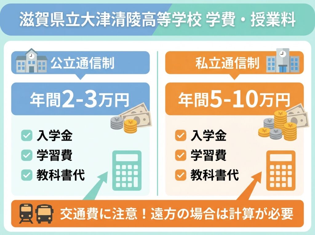 滋賀県立大津清陵高等学校の学費は年間2-3万円、私立通信制は5-10万円、交通費に注意が必要、入学金・学習費・教科書代の内訳