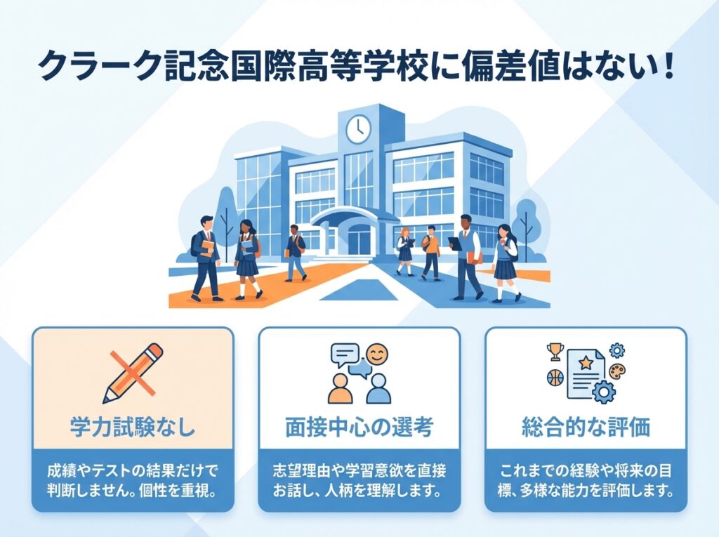 クラーク記念国際高等学校に偏差値はないことを示すインフォグラフィック。学力試験なし、面接中心の選考、総合的な評価の3つのポイントを図解
