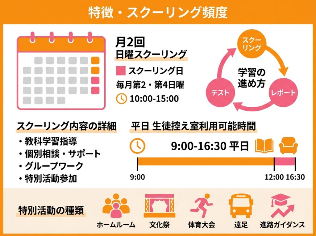 群馬県立高崎高等学校(通信制)のスクーリング頻度と特徴インフォグラフィック。月2回日曜スクーリングのカレンダー、学習の進め方3本柱(スクーリング、レポート、テスト)のサイクル図、平日の生徒控え室利用時間、特別活動の種類をオレンジとピンクの配色で表示