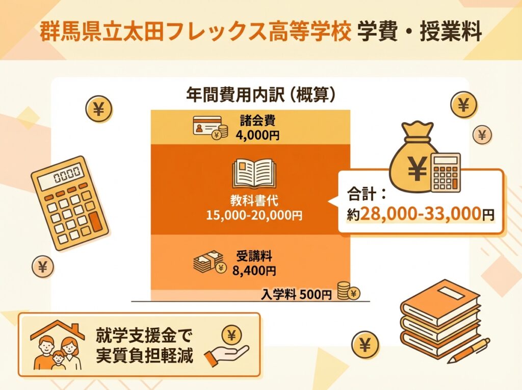 群馬県立太田フレックス高等学校の学費内訳を示すインフォグラフィック。入学料500円、受講料8,400円、教科書代15,000〜20,000円、諸会費4,000円の内訳と、合計約28,000〜33,000円の総額、就学支援金による負担軽減情報を図解。