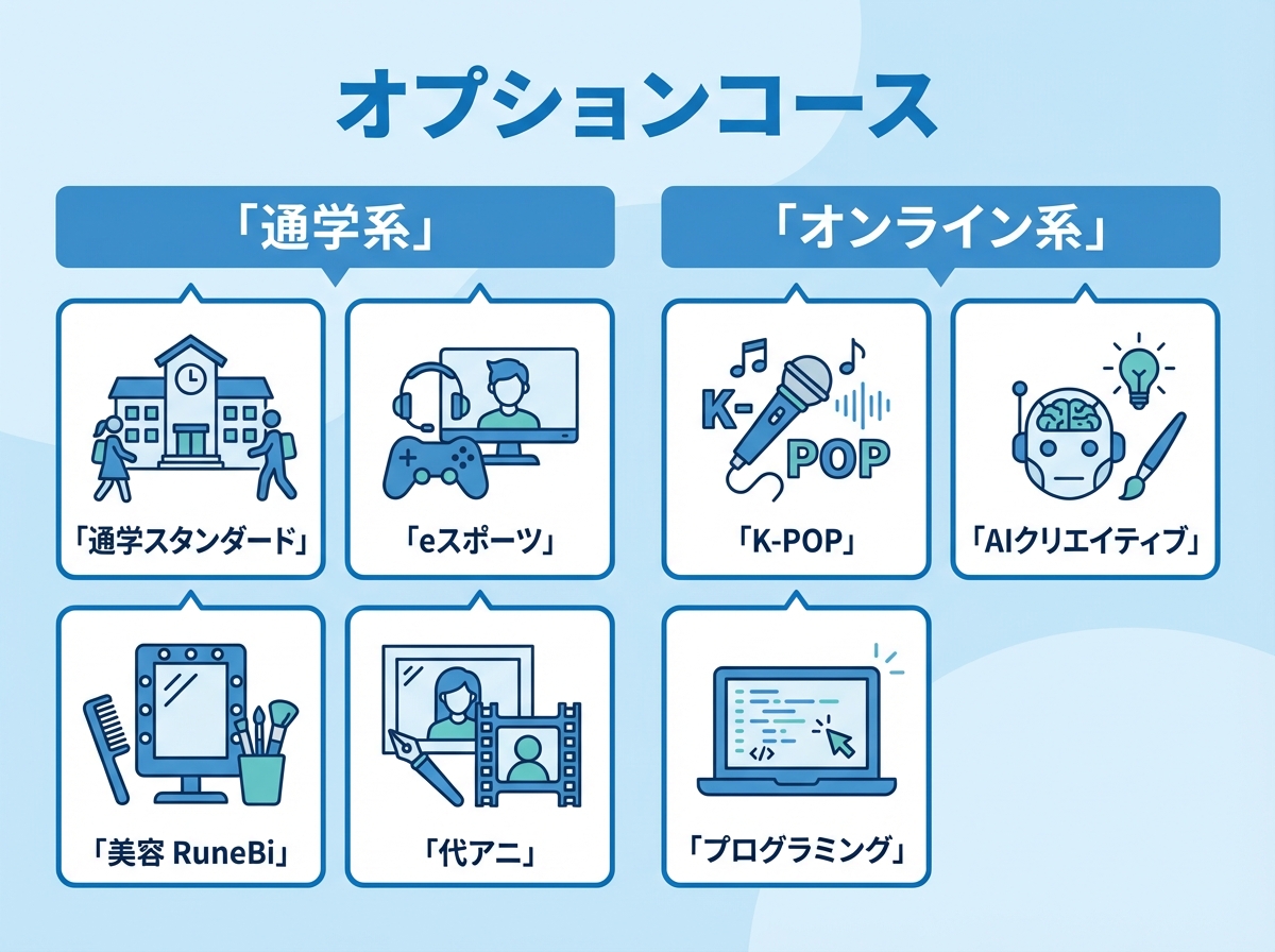 通学系（通学スタンダード、eスポーツ、美容RuneBi、代アニ）とオンライン系（K-POP、AIクリエイティブ、プログラミング）のコースをカテゴリ別に並べた青系インフォグラフィック