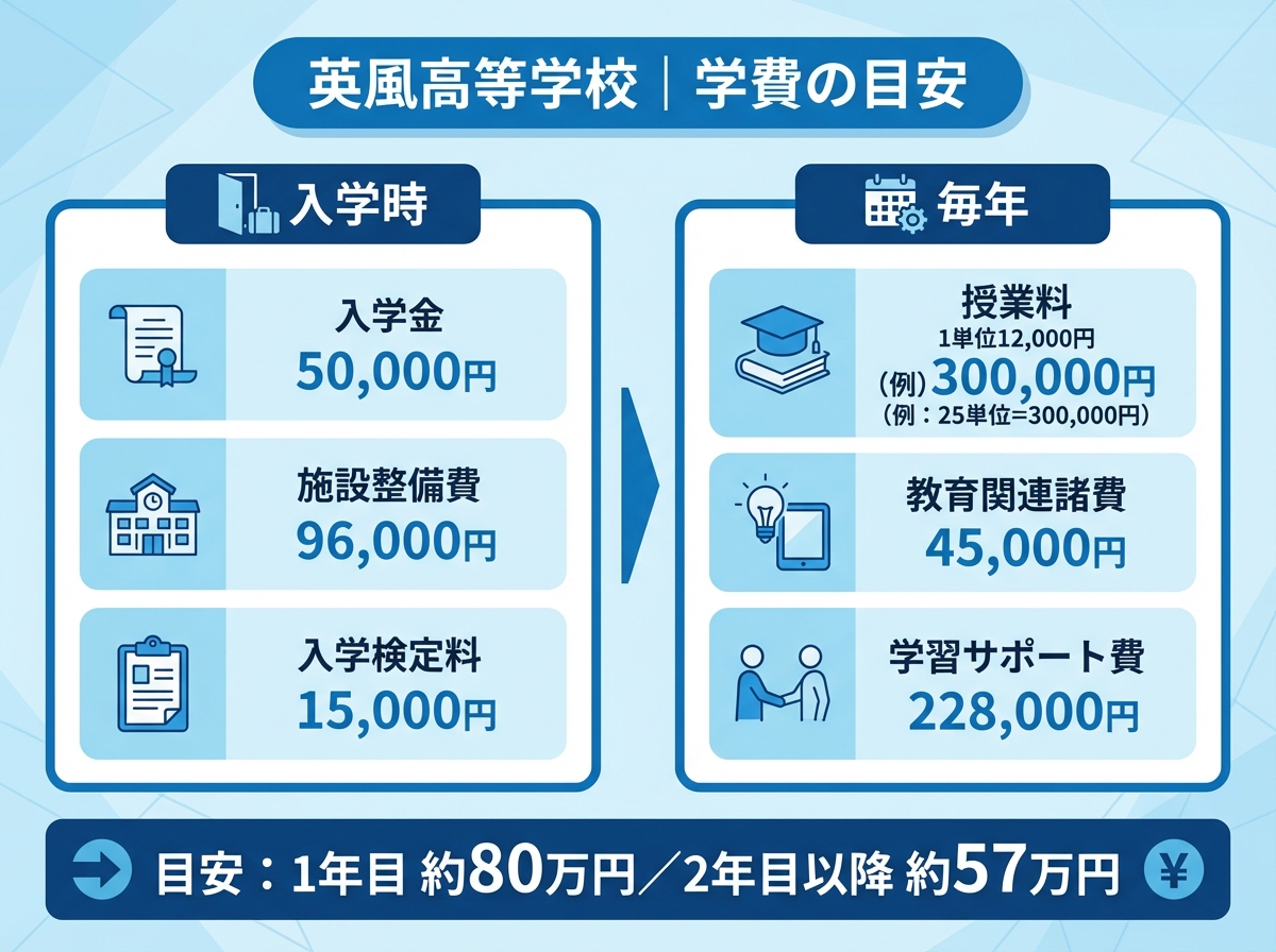 英風高等学校の学費内訳を表形式で整理。入学金・施設整備費・入学検定料、毎年の授業料(1単位12,000円の例)・教育関連諸費・学習サポート費、1年目と2年目以降の目安合計を青系で表示