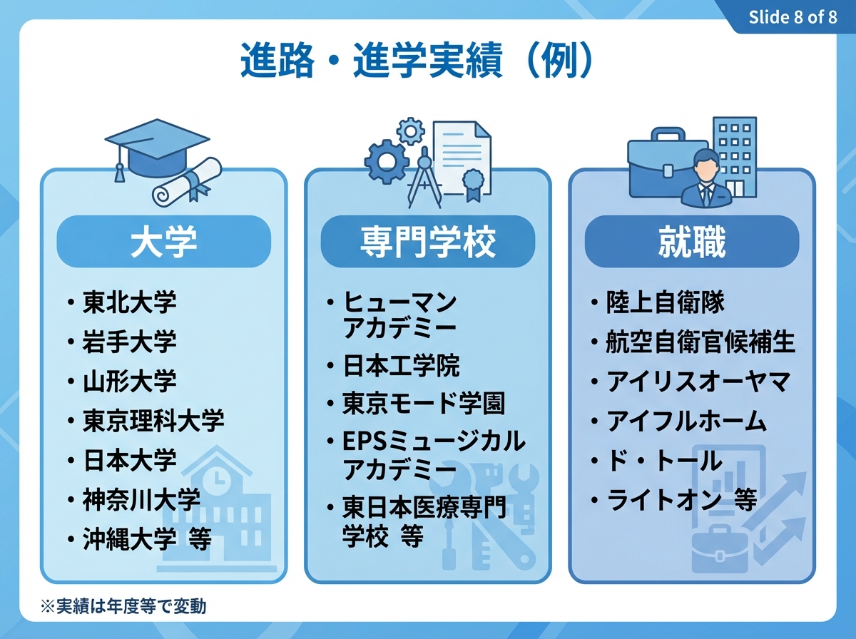 進路実績を「大学・専門学校・就職」の3つの枠に分け、代表例を列挙した青系インフォグラフィック。年度等で変動する注記あり