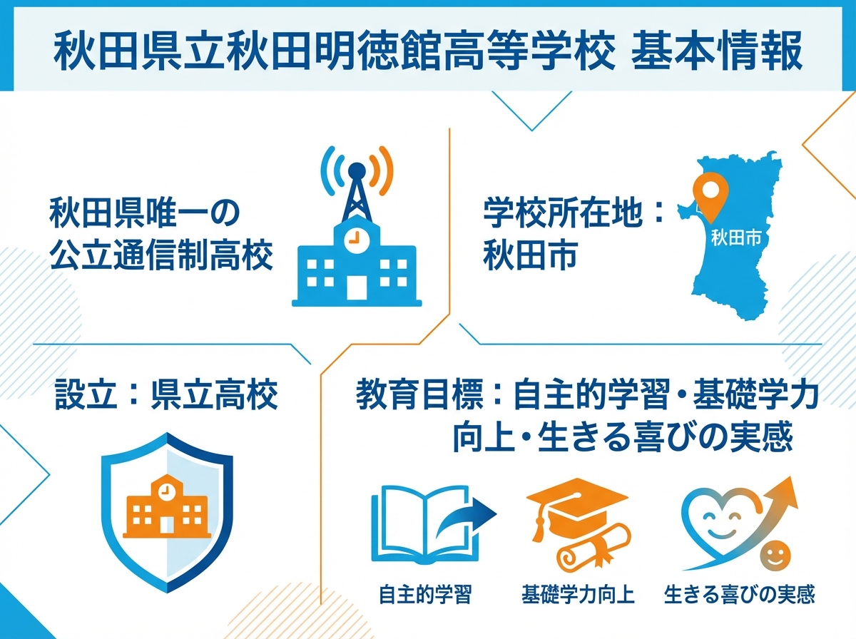 秋田県立秋田明徳館高等学校の基本情報インフォグラフィック。秋田県唯一の公立通信制高校、教育目標は自主的学習・基礎学力向上・生きる喜びの実感を視覚的に表現