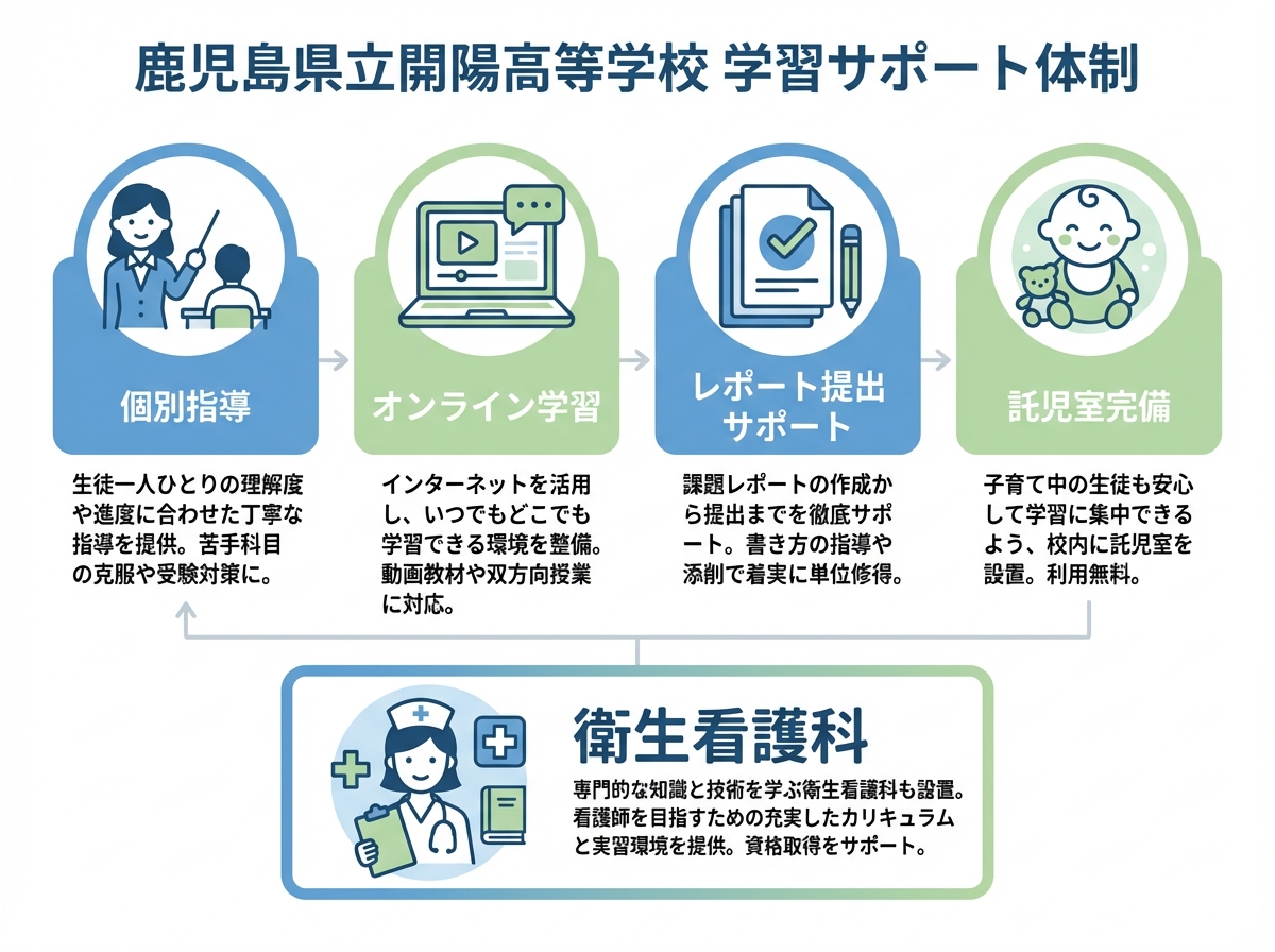 鹿児島県立開陽高等学校の学習サポート体制を示すインフォグラフィック。個別指導、オンライン学習、レポート提出サポート、託児室完備の4つのサポートをアイコンで表示。衛生看護科の案内も含む