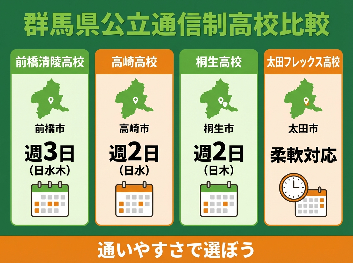 群馬県内の公立通信制高校4校比較表。前橋清陵高校(前橋市・週3日)、高崎高校(高崎市・週2日)、桐生高校(桐生市・週2日)、太田フレックス高校(太田市・柔軟対応)。通いやすさで選ぼう。