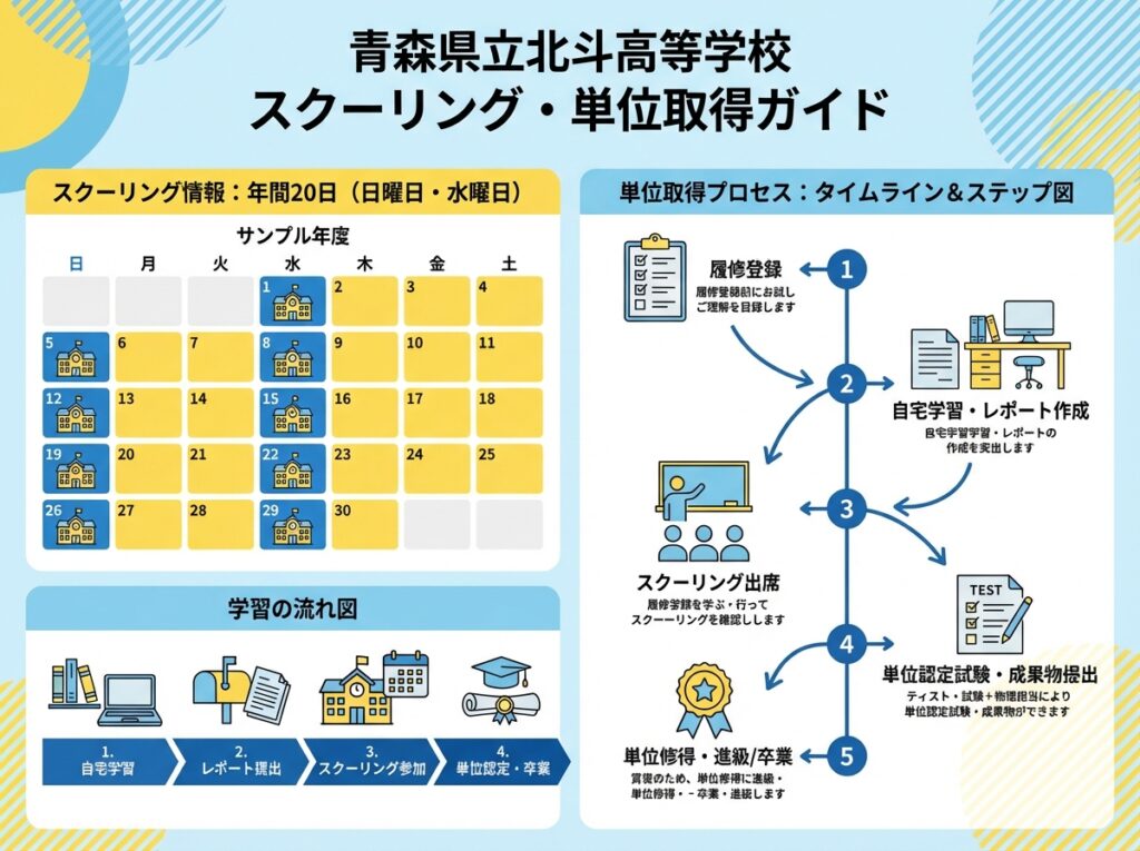 alt文: 青森県立北斗高等学校のスクーリング情報インフォグラフィック。年間20日のスクーリング、日曜日と水曜日の選択、学習の流れと単位取得プロセスをタイムラインで図解

