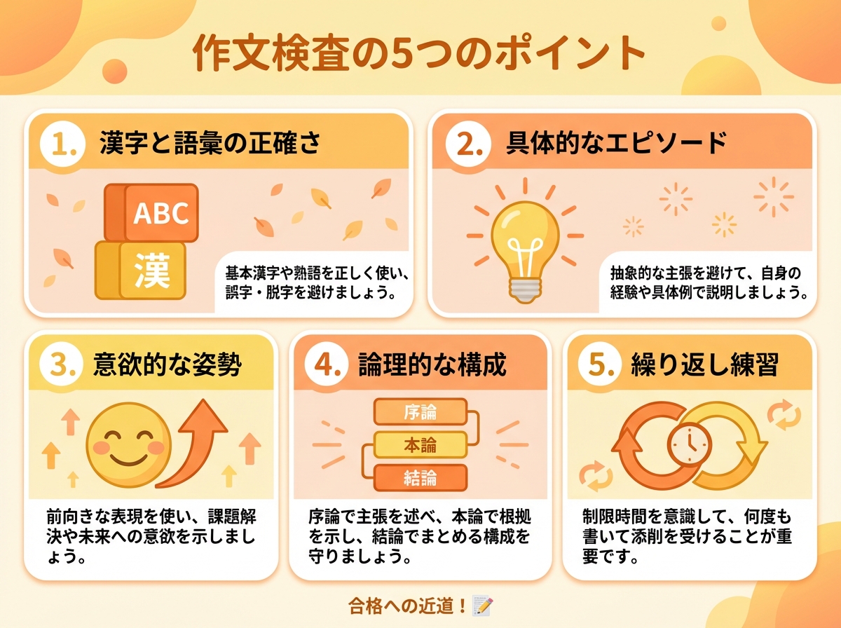 作文検査の5つの対策ポイント。漢字・言葉遣い、具体的エピソード、前向き姿勢、文章構成、練習の繰り返しを解説するインフォグラフィック