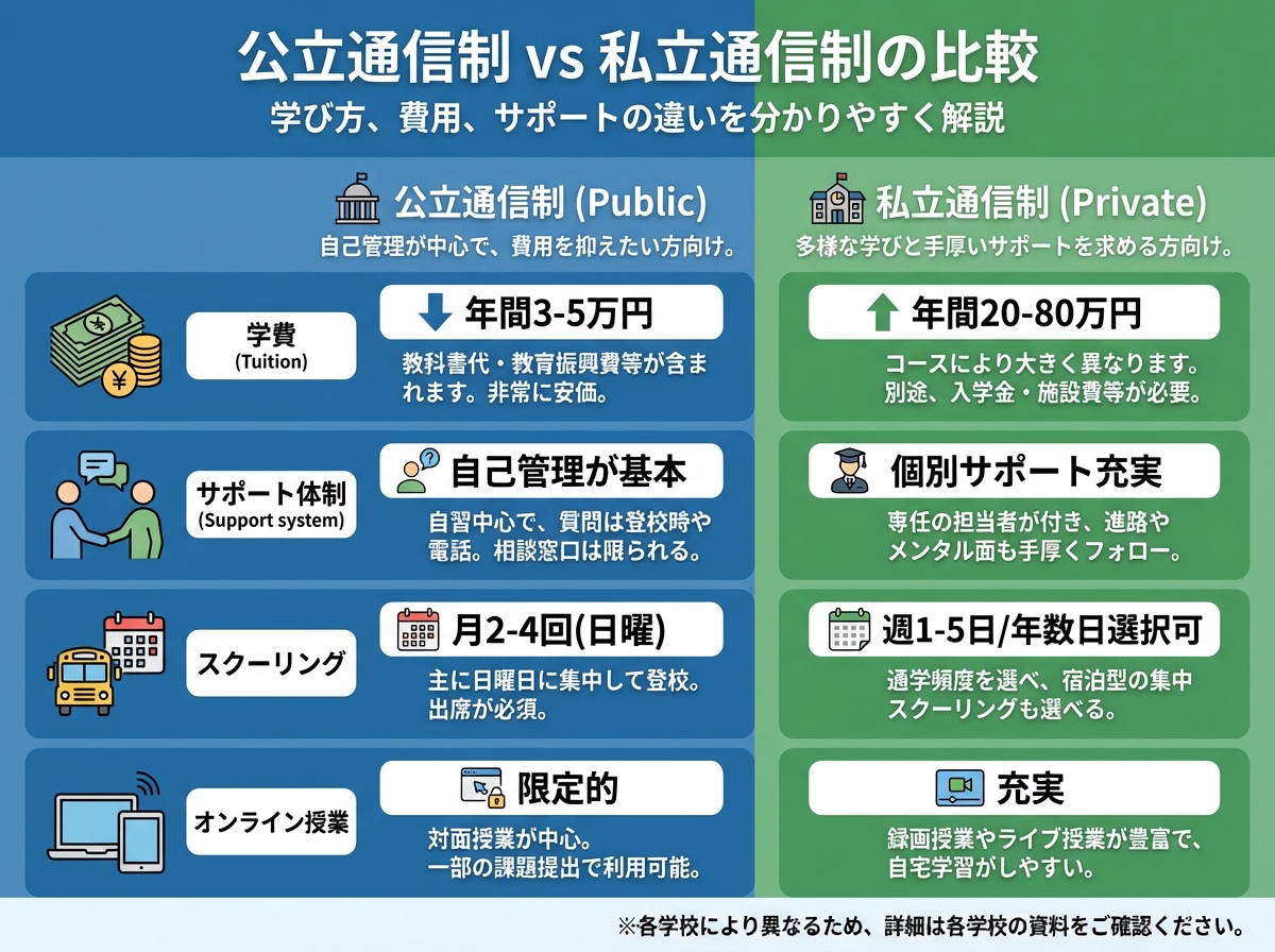 公立通信制高校と私立通信制高校の比較表。学費、サポート体制、スクーリング頻度、オンライン授業の有無を左右に分けて視覚的に比較したインフォグラフィック。

