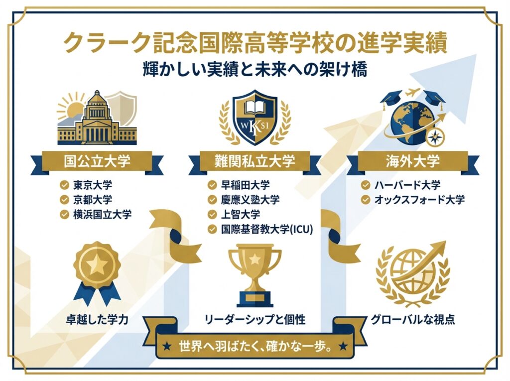 クラーク記念国際高等学校の進学実績を示すインフォグラフィック。国公立大学、難関私立大学、海外大学への合格実績を具体的な大学名とともに紹介