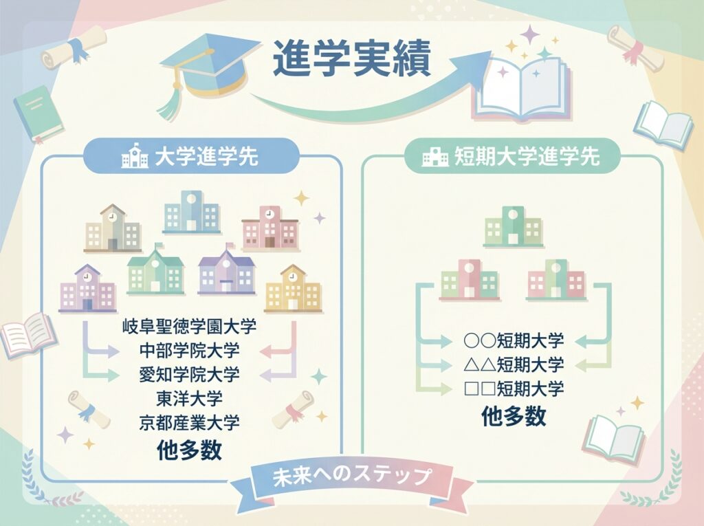 岐阜県立華陽フロンティア高等学校の進学実績を示すインフォグラフィック。大学進学先として岐阜聖徳学園大学、中部学院大学、愛知学院大学、東洋大学、京都産業大学などが列挙され、短期大学進学先も示されている。卒業帽アイコンと上向き矢印が配置されている