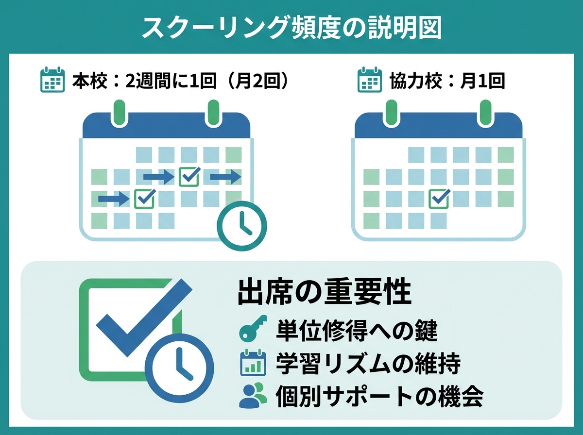 熊本県立湧心館高等学校通信制のスクーリング頻度を示す図。本校は2週間に1回（月2回）、協力校は月1回の出席が必要であることをカレンダーアイコンで視覚的に表現