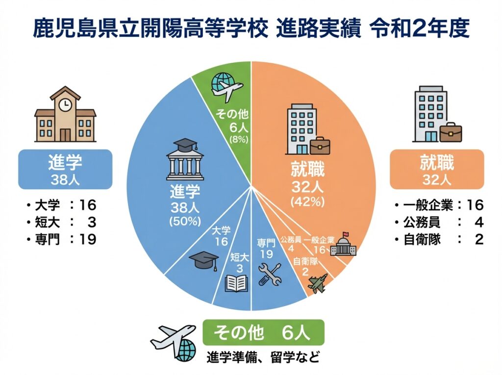 鹿児島県立開陽高等学校の進路実績(令和2年度)を示す円グラフ。進学38人(大学16、短大3、専門19)、就職32人(一般企業16、公務員4、自衛隊2)、その他6人の内訳を視覚化。大学、企業、飛行機のアイコンを配置
