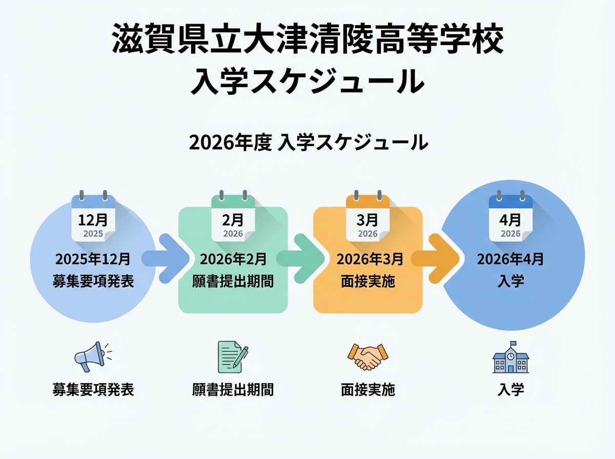 滋賀県立大津清陵高等学校2026年度入学スケジュール、2025年12月に募集要項発表、2026年2月願書提出、3月面接、4月入学 