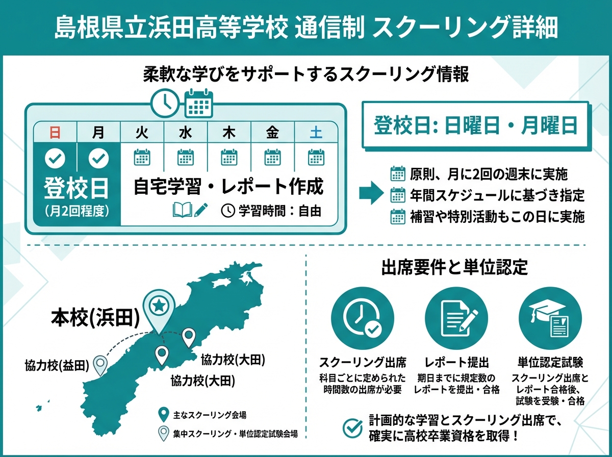 島根県立浜田高等学校通信制のスクーリング詳細を示すインフォグラフィック。登校日が日曜日・月曜日であること、本校(浜田)と協力校(大田・益田)の地図、出席要件が詳しく説明されている。ティールと白の配色でカレンダーや位置情報のアイコン付き。