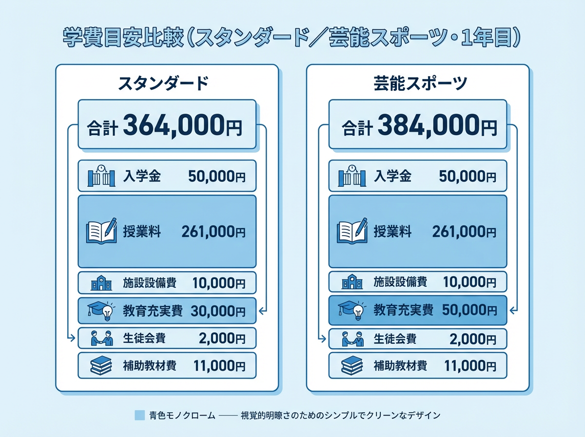 スタンダードクラスと芸能スポーツプロフェッショナルクラスの学費目安と主要費目を2カラムで比較した青系インフォグラフィック
