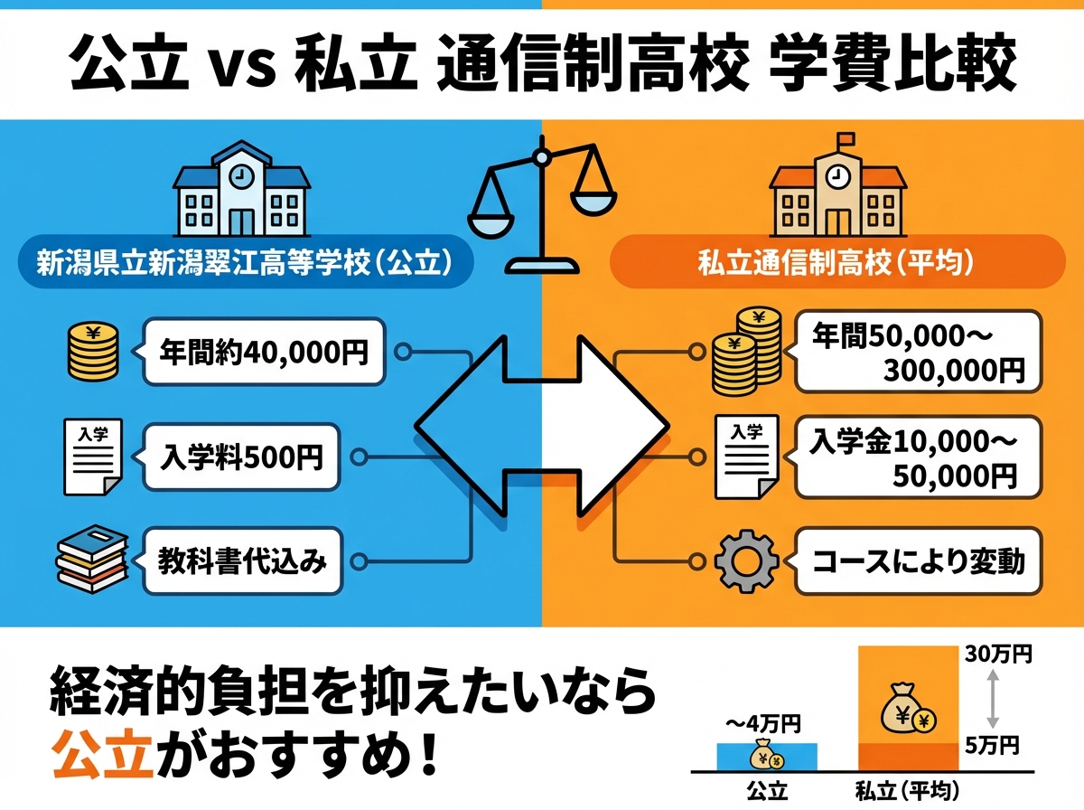 新潟県立新潟翠江高等学校と私立通信制高校の学費を比較したインフォグラフィック。公立は年間約40,000円、私立は年間50,000〜300,000円。経済的負担を抑えたいなら公立がおすすめであることを視覚的に比較