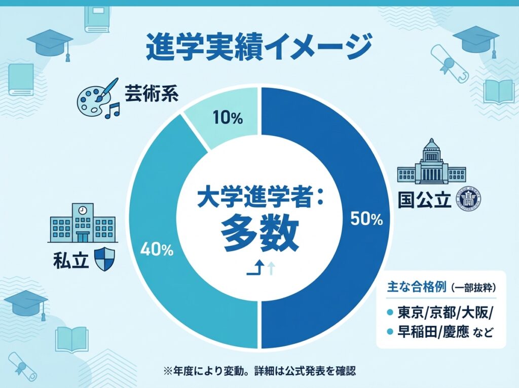 N高等学校の進学実績イメージ（内訳と大学例）インフォグラフィック