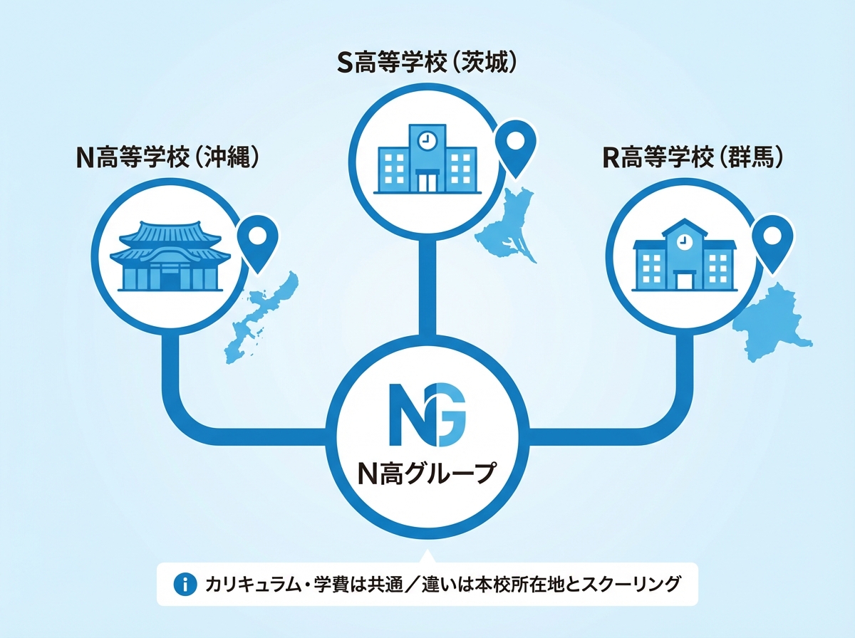 中央にN高グループ、周囲にN高（沖縄）・S高（茨城）・R高（群馬）を配置し、カリキュラム共通／違いは所在地とスクーリングであることを示す相関図