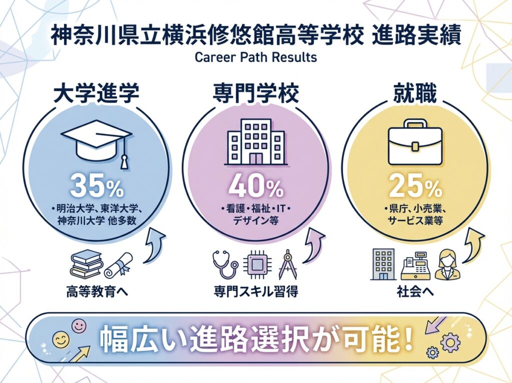 神奈川県立横浜修悠館高等学校の部活動実績を紹介するインフォグラフィック。通信制でありながら部活動が充実していることを強調し、軟式野球部や男子レスリング部の全国大会実績を含む6つの部活動を紹介