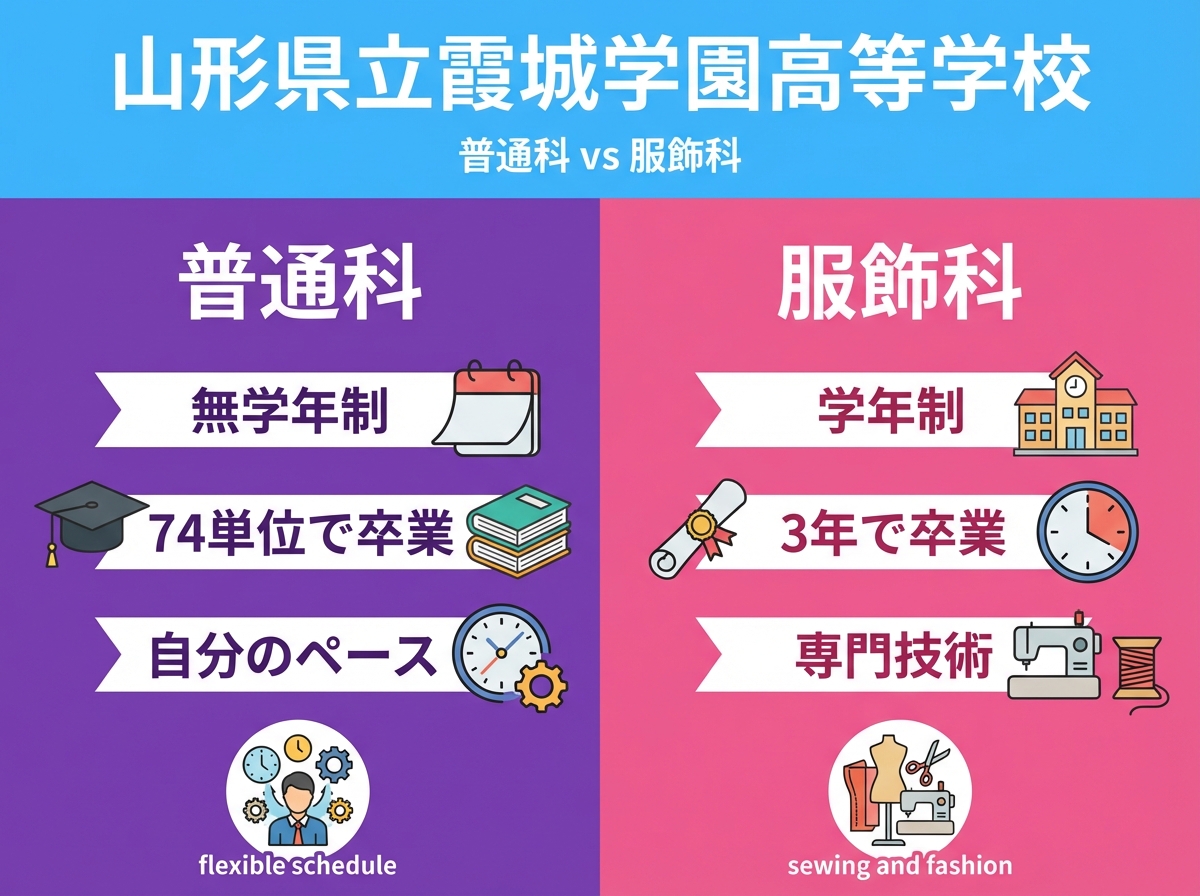 山形県立霞城学園高等学校の普通科と服飾科の比較インフォグラフィック。普通科は無学年制・74単位で卒業・自分のペース、服飾科は学年制・3年で卒業・専門技術を紫とピンクの対比カラーで示したフラットデザイン