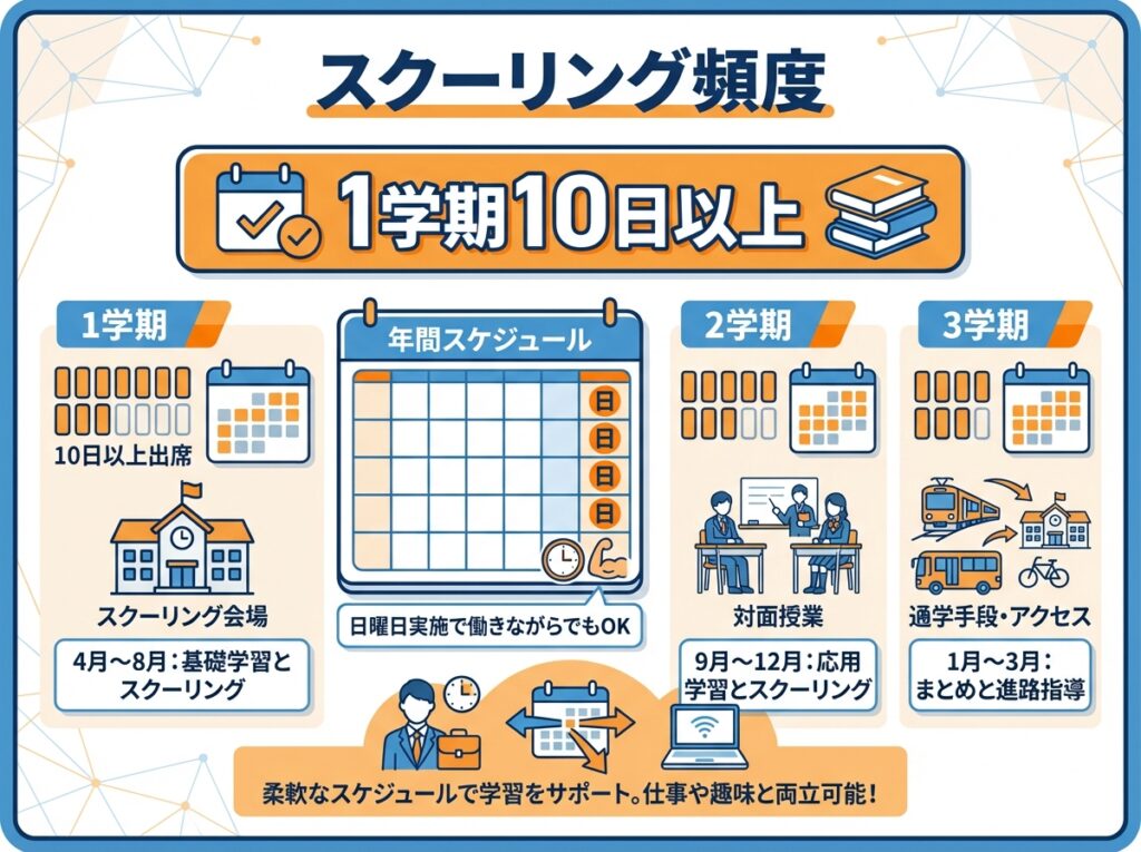 Alt文章: 岩手県立宮古高等学校通信制課程のスクーリングは1学期10日以上。日曜日実施で働きながらでも通えることを示すカレンダー付きインフォグラフィック。

