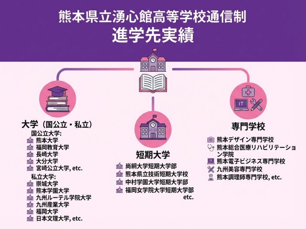 熊本県立湧心館高等学校通信制の主な進学先を分類表示したインフォグラフィック。大学、短期大学、専門学校の3カテゴリーに分けて具体的な学校名を列挙